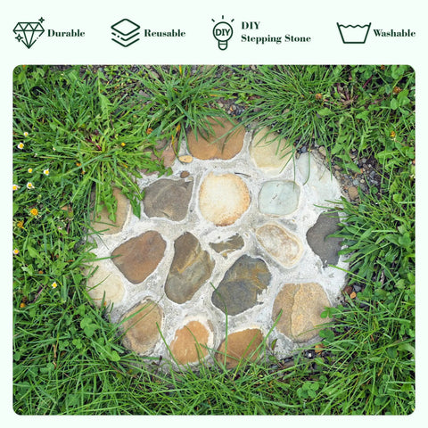 Three Size Round Stepping Stone Molds Set For Concrete Casting 10 Inch 11.4 Inch 12.6 Inch Plastic Molds visible on garden path