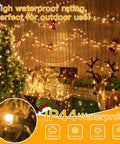 262ft Outdoor Christmas Lights With 800 LEDs illuminating a yard setup with Christmas tree and reindeer, showing waterproof feature.