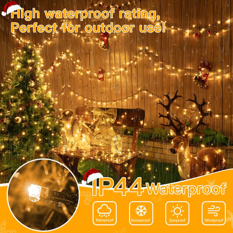 262ft Outdoor Christmas Lights With 800 LEDs illuminating a yard setup with Christmas tree and reindeer, showing waterproof feature.