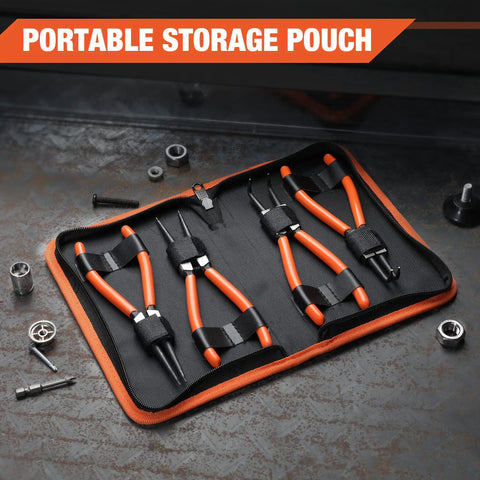 Heavy Duty Snap Ring Pliers Set Four Piece Kit For Internal And External C Clip Rings With Straight And Bent Jaws in storage pouch
