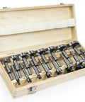 Heavy Duty 16 Piece Forstner Drill Bit Set With Precision Shear Serrated Edges For smooth woodworking hole cuts displayed in a wooden case.