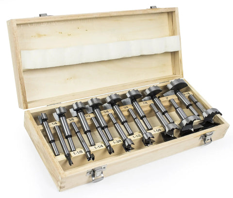 Heavy Duty 16 Piece Forstner Drill Bit Set With Precision Shear Serrated Edges For smooth woodworking hole cuts displayed in a wooden case.