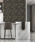 Light Gold Vintage Floral Butterfly Peel and Stick Wallpaper on Dark Background Retro Vinyl in modern kitchen setting