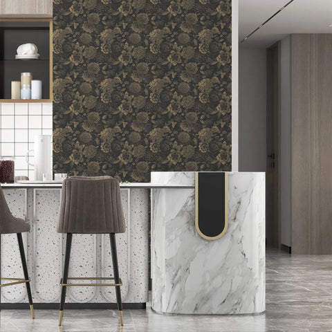 Light Gold Vintage Floral Butterfly Peel and Stick Wallpaper on Dark Background Retro Vinyl in modern kitchen setting