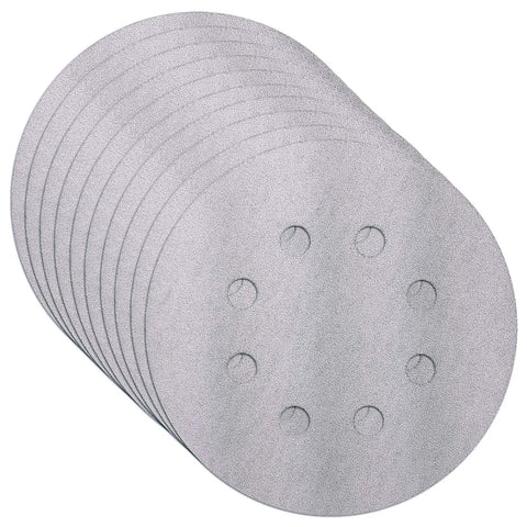 Stack of 80 grit discs from Multi Grit 30 Piece Five Inch Random Orbit Sanding Disc Set With Eight Hole Hook And Loop Includes 10 Of Each 80 120 240 Grit Discs For Wood Metal Drywall And More A DIY Ready Must Have For Heavy Material Removal And Smooth Finishes