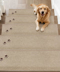 Non Slip Stair Treads For Wooden Steps 28x9 Inches Indoor Carpet Stair Runner Machine Washable Soft Polyester Mats 15 Pack Beige with dog