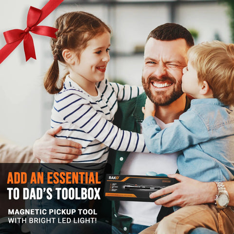 Father receiving LED magnetic pickup tool gift with kids