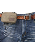 Heavy Duty Waxed Canvas Belt Pouch With YKK Zippers For Men And Women, olive pouch on jeans, leather belt, medium size