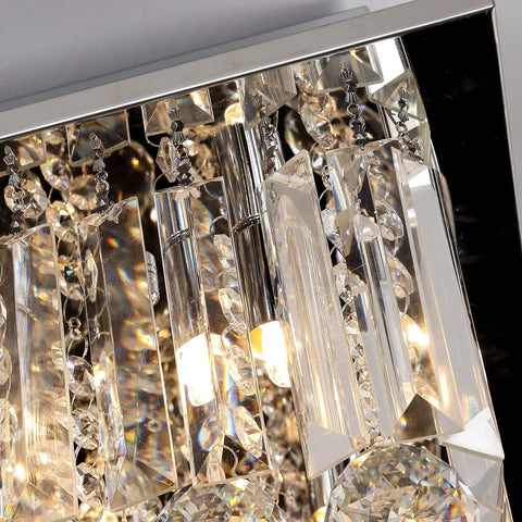 Raindrop Crystal Chandelier With Chrome Finish Modern Flush Mount Ceiling Light close-up of crystals and G9 bulb sockets