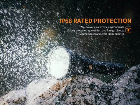 Long-Range Rechargeable Hunting Flashlight 1500 Lumen With 1011 Yards Reach under heavy rain showcasing IP68 protection