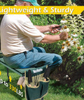 Senior sitting on Folding Garden Kneeler Stool With 8 Inch Wide Kneeling Pad And Tool Pouch For Planting And Gardening