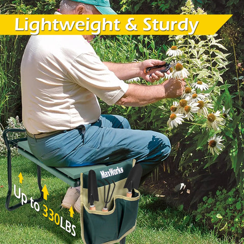 Senior sitting on Folding Garden Kneeler Stool With 8 Inch Wide Kneeling Pad And Tool Pouch For Planting And Gardening