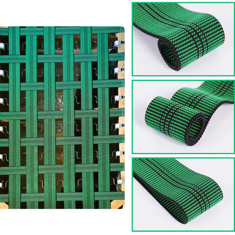 Heavy Duty Elastic Webbing Strap Two Pack Rock Solid Replaceable Belt For Couch And Lawn Chair Fix Up Weather Proof Stretchy Upholstery Support Each Six Yards Long in green woven design, showcasing flexibility and durability.