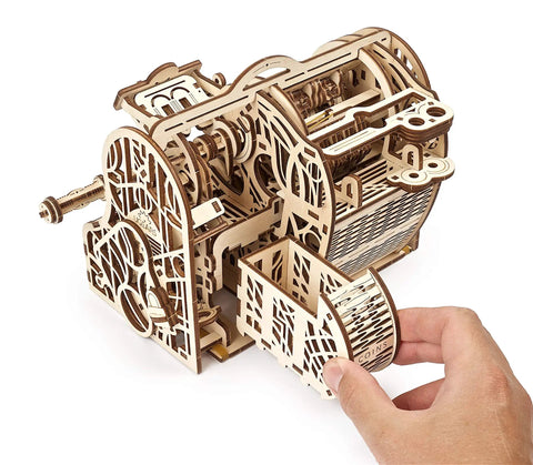 Old School 3D Wooden Puzzle Cash Register Box DIY Money Box Kit For Adults, Vintage Mechanical Model, Self Assembly Woodcraft Construction Kit, Retro Style Money Storage For Home Or Office Decor. Open coin drawer on assembled wooden cash register box