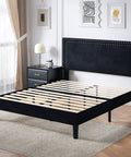 Full Size Platform Bed Frame With Height Adjustable Tufted Upholstered Headboard Modern Mattress Foundation Heavy Duty Wooden Slats No Box Spring Needed Zero Hassle Setup Jet Black, showing slatted base and upholstered headboard.