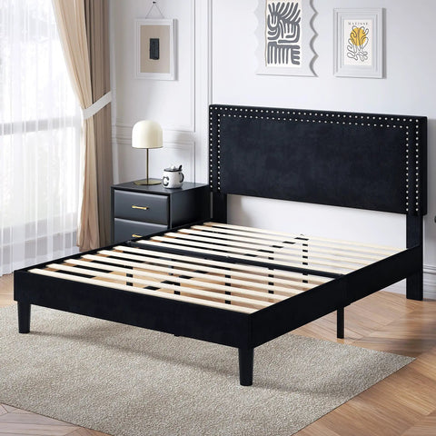 Full Size Platform Bed Frame With Height Adjustable Tufted Upholstered Headboard Modern Mattress Foundation Heavy Duty Wooden Slats No Box Spring Needed Zero Hassle Setup Jet Black, showing slatted base and upholstered headboard.