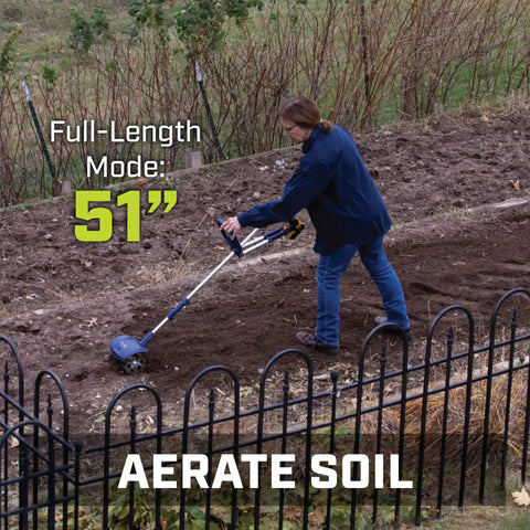 Person using Drill Powered Cultivator Attachment For Cordless Drills with extendable length in a garden, Model 46007