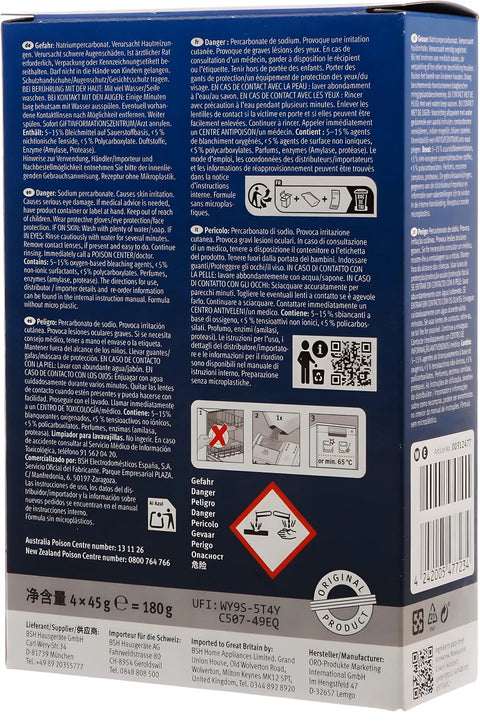 Back of Powerful Dishwasher Cleaner Pack Of 4 Bags showing instructions and safety details.