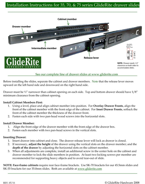 Installation guide for GlideRite drawer slides with labeled parts and instructions.