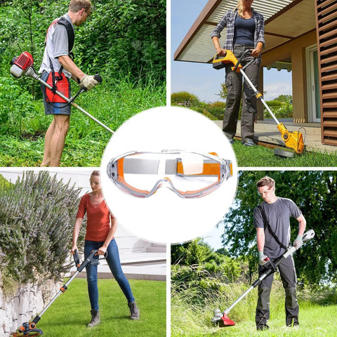 Rugged Mowing Goggles Featuring Anti Fog Coating And Tight Windproof Seals Keep Your Peepers Protected Against Grass Scrapes And Fine Dust While Trimming Land Or Running The Leaf Blower All Day, shown with users outside.