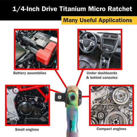 Quarter Inch Drive 90 Tooth Micro Ratchet With Full 252 Degree Swivel Head shown with automotive applications.