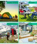 Collage of outdoor camping with tent, RV travel with family relaxing, mountaineering with backpackers, and patio with outdoor furniture.