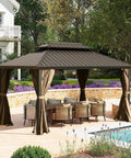 10x14 Ft Outdoor Gazebo With Hardtop And Curtains Netting Included, Galvanized Steel Frame, Weatherproof Patio Shelter For Backyard