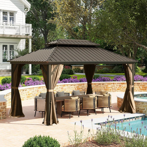 10x14 Ft Outdoor Gazebo With Hardtop And Curtains Netting Included, Galvanized Steel Frame, Weatherproof Patio Shelter For Backyard