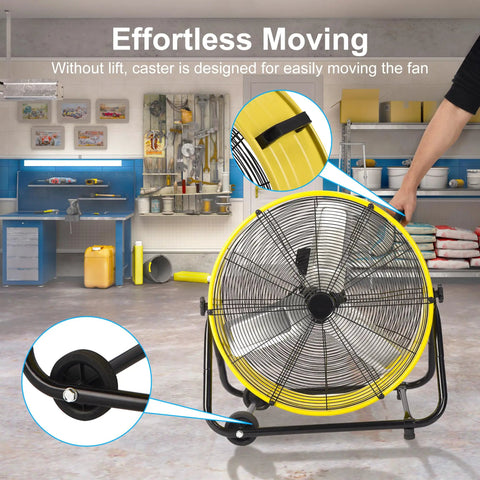 Front view of 24 Inch High Velocity Drum Floor Fan With 8800 CFM For Garage, Warehouse, Workshop, Factory Or Gym in a workshop setting