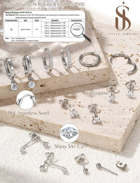 Lightweight Hypoallergenic Silver Earring Stacks For Women 7 Pair Set, 316L stainless steel CZ hoops and studs