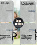 Installation steps for Eight Piece Pad Eye Plate Stainless Steel Hammock Hooks showing drill, expansion screw, and hook.