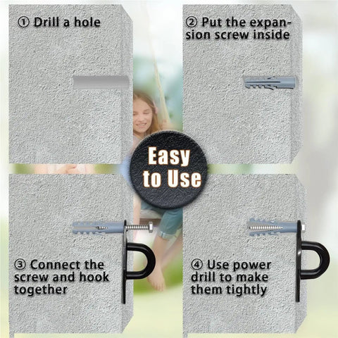 Installation steps for Eight Piece Pad Eye Plate Stainless Steel Hammock Hooks showing drill, expansion screw, and hook.