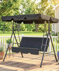 Three Seat Outdoor Patio Swing Chair With Removable Cushions, Steel Frame Stand, And Adjustable Tilt Canopy on wooden deck
