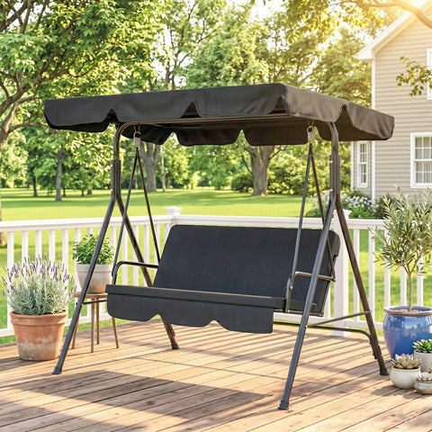 Three Seat Outdoor Patio Swing Chair With Removable Cushions, Steel Frame Stand, And Adjustable Tilt Canopy on wooden deck