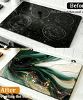 Green Gold Marble Stovetop Cover For Glass Cooktops, Heat Resistant Flat Top Mat on white countertop, 28 x 20 inch