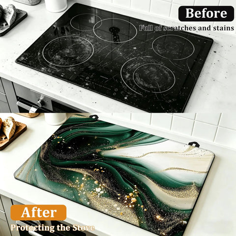 Green Gold Marble Stovetop Cover For Glass Cooktops, Heat Resistant Flat Top Mat on white countertop, 28 x 20 inch