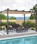 10 Ft By 13 Ft Outdoor Retractable Pergola With Sun Shade Canopy for Patio Garden, beige, aluminum frame, near poolside