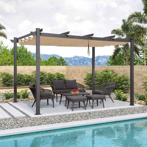 10 Ft By 13 Ft Outdoor Retractable Pergola With Sun Shade Canopy for Patio Garden, beige, aluminum frame, near poolside