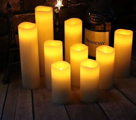 Ivory Flameless Wax Pillar Candles Set Of 9 LED Battery Operated Pillars Ranging 4 5 6 7 8 9 Inches With Remote