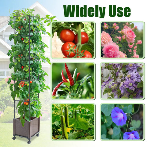 Raised Garden Bed Planter Box With Trellis 62.2 Inch Self Watering Tomato Planter showcasing plants and flowers in a garden setup