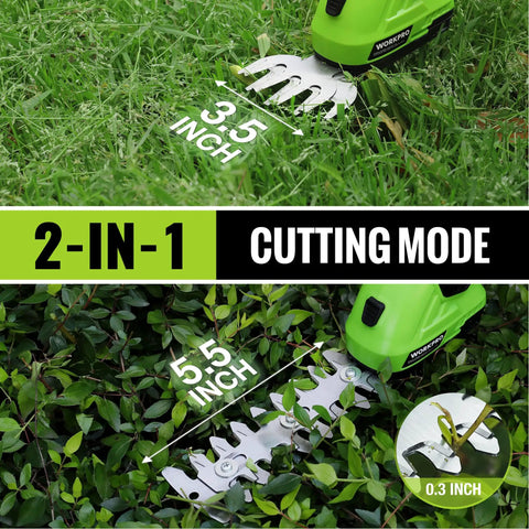 2 In 1 Cordless Grass Shear And Shrub Trimmer For Quick Hedge Shaping shown cutting grass and shrubs, highlighting 3.5 and 5.5 inch blades.