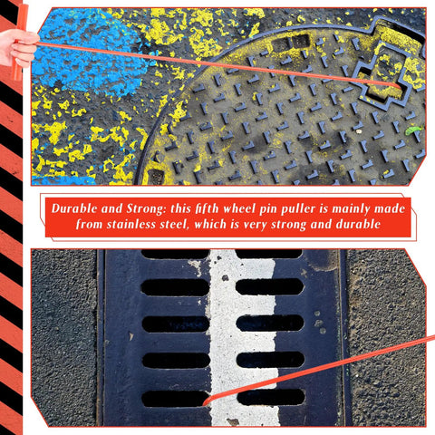 4 Pack 31 Inch Orange Fifth Wheel Puller Set For Semi Trucks Fifth Wheel Pin Puller Heavy Duty Cotter Spring Lifting Tool Solid Steel J Hook Dock Hook For Storm Drains And Manhole Covers in use lifting a manhole cover with background signage demonstrating durability.
