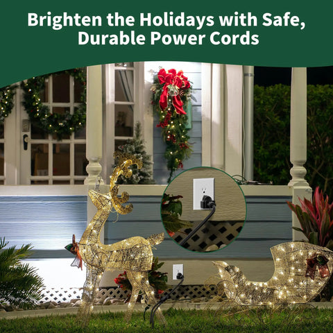 Outdoor holiday scene with 3 Prong Y Splitter Extension Cord One Foot Straight Plug To Two Outlet Space Saver For Indoor Outdoor Use Heavy Duty Weatherproof SJTW 16 AWG 13 A UL Listed Cable Extender connecting lighted decorations