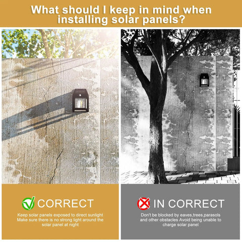 Diagram showing correct and incorrect installation of outdoor solar wall lights on a tree-filled porch area.