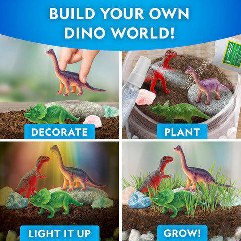 Light Up Dino Terrarium Science Kit For Kids With Multicolor LED Light And Eight Settings, Build A Colorful Mini Dino World, Decorate With Figurines, Rocks, And Stickers, Plant Seeds, Watch It Grow And Glow. Dino terrarium kit with figurines, rocks, and seeds