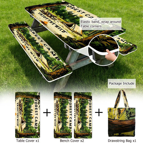 3 Piece Fitted Picnic Table Cover Set For Outdoor 6ft Tables And Benches, Waterproof Windproof, Forest Camp design