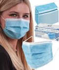 Woman wearing a Sealed Dispenser Box Of 50 Breathable Disposable 3 Ply Face Masks PPE With Nose Clip And Ear Loops For Daily Protection