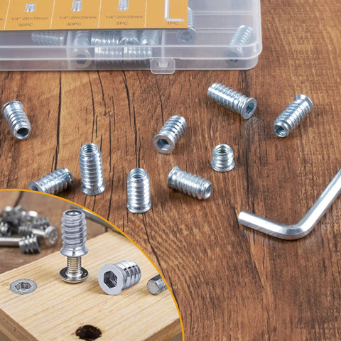 1/4-20 Threaded Wood Inserts Kit With 75 Pieces, hex drive nut inserts on wood surface, clear organizer box in background