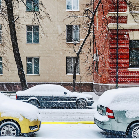 Cars parked on a snowy street with snow-covered trees and buildings in the background during winter snowfall.