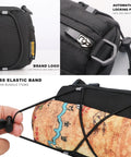Close-up of bike handlebar bag with automatic locking puller and cross elastic band for storage